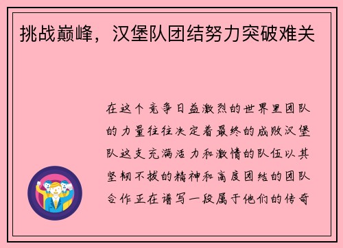 挑战巅峰，汉堡队团结努力突破难关